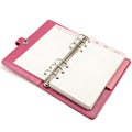 Pink ring notebook with open rings isolated on white background