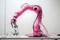 a vibrant pink industrial robot arm performing precision work in a clean, modern laboratory setting with advanced automation techn Royalty Free Stock Photo