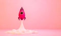 3d rendered minimal pink rocket launching. Product launching, startup business concept.
