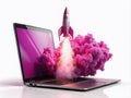 Pink Rocket Launches from Laptop: A Digital Explosion of Innovation and Creative Technology Royalty Free Stock Photo