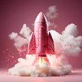 Pink rocket plain background. The shuttle takes off, releasing clouds of voluminous pink smoke. AI generation