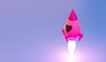 3d rendering pink rocket ship with heart shape window launching on light blue background, minimal illustration. Startup business,