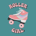 Pink roller skate with rainbow and lettering Roller girl. Retro icon, illustration in flat cartoon style. Royalty Free Stock Photo