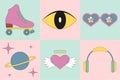 Pink roller skate and sunglasses retro psychedelic stickers. Yellow eye and old headphones for 1970s vibe. Trendy Royalty Free Stock Photo