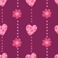 Pink romantic floral seamless pattern. Decorative flowers and hearts on burgundy background. Vector illustration. pink Royalty Free Stock Photo