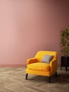 Pink Room Interior design with Yellow Sofa. Retro living room interior 3d render Royalty Free Stock Photo