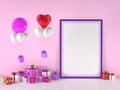 Pink Room Mock up canvas poster print with balloon, birthday gift and celebration present box. Empty space for advertising, promot