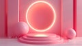 A pink room with a round mirror and some white pedestals, AI