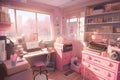 A pink room with a typewriter and a desk. Generative AI image.