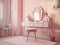 A pink room with a vanity, stool and a mirror. Generative AI image.