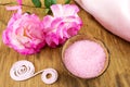 Pink rose and bath salt in a bowl Royalty Free Stock Photo