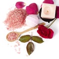 Pink rose with bath salt and candle Royalty Free Stock Photo