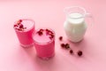 Pink rose and beetroot latte coffee or tea with milk, top view Royalty Free Stock Photo
