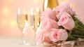 Pink rose bouquet and two flutes glasses of champagne on the table with light bokeh background, romantic dinner concept, Valentine Royalty Free Stock Photo