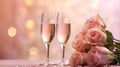 Pink rose bouquet and two flutes glasses of champagne on the table with light bokeh background, romantic dinner concept, Valentine Royalty Free Stock Photo