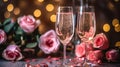 Pink rose bouquet and two flutes glasses of champagne on the table with light bokeh background, romantic dinner concept, Valentine Royalty Free Stock Photo