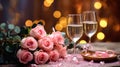 Pink rose bouquet and two flutes glasses of champagne on the table with light bokeh background, romantic dinner concept, Valentine Royalty Free Stock Photo