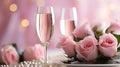 Pink rose bouquet and two flutes glasses of champagne on the table with light bokeh background, romantic dinner concept, Valentine Royalty Free Stock Photo