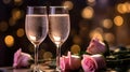 Pink rose bouquet and two flutes glasses of champagne on the table with light bokeh background, romantic dinner concept, Valentine Royalty Free Stock Photo