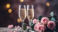 Pink rose bouquet and two flutes glasses of champagne on the table with light bokeh background, romantic dinner concept, Valentine Royalty Free Stock Photo