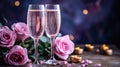 Pink rose bouquet and two flutes glasses of champagne on the table with light bokeh background, romantic dinner concept, Valentine Royalty Free Stock Photo