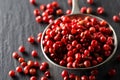 Pink or rose brazilian red peppercorns schinus terebinthifolius in metal spoon on black background Royalty Free Stock Photo