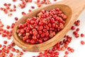 Pink or rose brazilian red peppercorns schinus terebinthifolius in wooden spoon over white Royalty Free Stock Photo