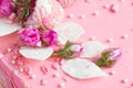 Pink rose buds and white chocolate leaves Royalty Free Stock Photo