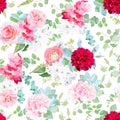 Pink rose, camellia, red dahlia, hydrangea, blue succulents, whi