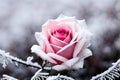 A pink rose covered in snow on a branch.