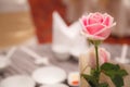 Pink rose decoration on banquet table settings. Hotel restaurant venue, food catering service buffet or cocktail banquet for Royalty Free Stock Photo