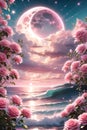 The pink rose on a fantasy pink ocean, with pink moon, pink sky, pastel pink clouds, sparkling waves, beautiful