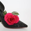 Pink rose in a female shoe. Black shoes with high heels Royalty Free Stock Photo