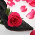 Pink rose in a female shoe. Black shoes with high heels Royalty Free Stock Photo