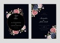 Pink rose flower floral vector watercolor colorfull wedding invitation card template set with golden floral decoration
