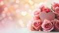 Pink Rose flowers on bokeh light glitter background for love wedding and valentines day with copy space. Generative AI Royalty Free Stock Photo