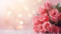 Pink Rose flowers on bokeh light glitter background for love wedding and valentines day with copy space. Generative AI Royalty Free Stock Photo