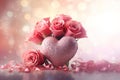 Pink Rose flowers on bokeh light glitter background for love wedding and valentines day with copy space. Generative AI Royalty Free Stock Photo