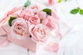 Pink rose flowers in gift box with ribbons