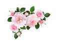 Pink rose flowers and green leaves in a floral corner arrangement