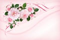 Pink rose flowers, satin ribbons and glitter confetti in a flora Royalty Free Stock Photo