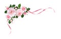 Pink rose flowers and silk waved ribbons in a corner arrangement Royalty Free Stock Photo