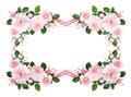 Pink rose flowers and silk waved ribbons in a floral frame