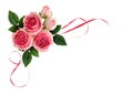 Pink rose flowers and waved satin ribbons in a corner arrangement Royalty Free Stock Photo