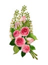 Pink rose flowers and white bird-cherry flowering twigs composition