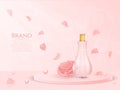 Pink rose fragrance. Cosmetic product. Beauty ad poster. Flowers and skincare serum. Fluid packaging. Perfume vial