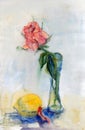 Pink rose in a glass vase and lemon on the table on a blurry blue background. Watercolor drawing Royalty Free Stock Photo