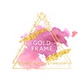Pink  rose  and golden brush strokes in gold hexagon frame on a white background. Vector design template for banner  card Royalty Free Stock Photo