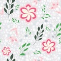 Pink, rose and green stylized flowers and leaves on terazzo background seamless repeat. Royalty Free Stock Photo