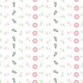 Pink, rose and green stylized flowers and leaves on white background seamless repeat. Royalty Free Stock Photo